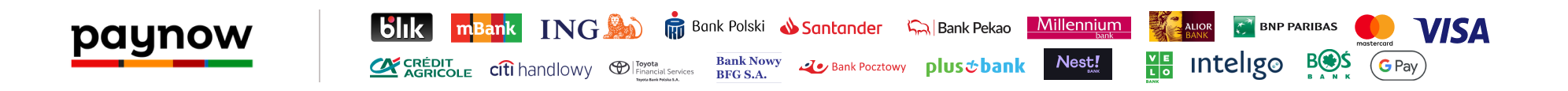 Baner akceptowanych metod płatności, w tym Blik, mBank, ING, Santander, Pekao, Mastercard, Visa i Google Pay.